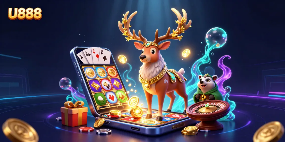 Experience thrilling slots at U888 with captivating 3D characters and exciting game elements in a mystical scene.
