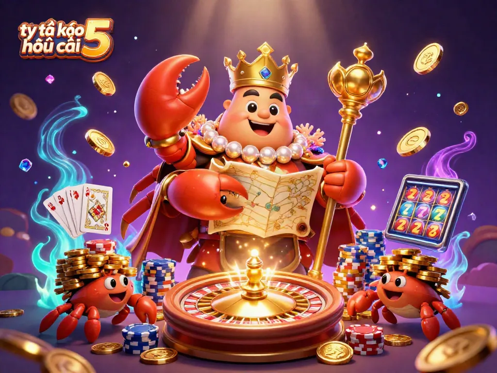 Engaging illustration of tỷ lệ kèo nhà cái 5 showcasing a golden crab emperor surrounded by dynamic gambling elements.