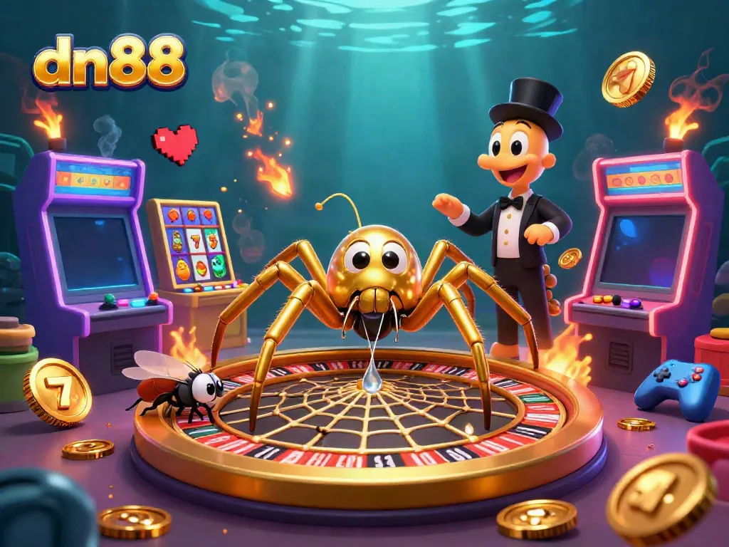 Engage in thrilling gameplay with dn88 at a dynamic casino featuring a golden roulette web, animated characters, and vibrant game elements.