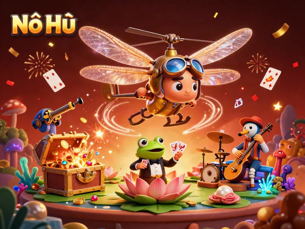 Experience Nổ Hũ with a 3D dragonfly pilot above a lily pad casino amidst vibrant gold coins and festive atmosphere.