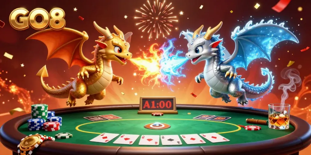 GO8 themed 3D illustration showcasing twin dragons battling in a vibrant casino setting.