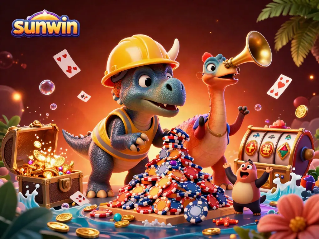 Engage with sunwin's thrilling casino atmosphere, where cartoon dinosaurs celebrate with poker chips and vibrant games.