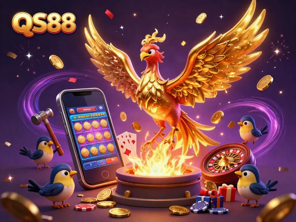 Experience the vibrant energy of QS88 with a molten golden phoenix and casino elements.