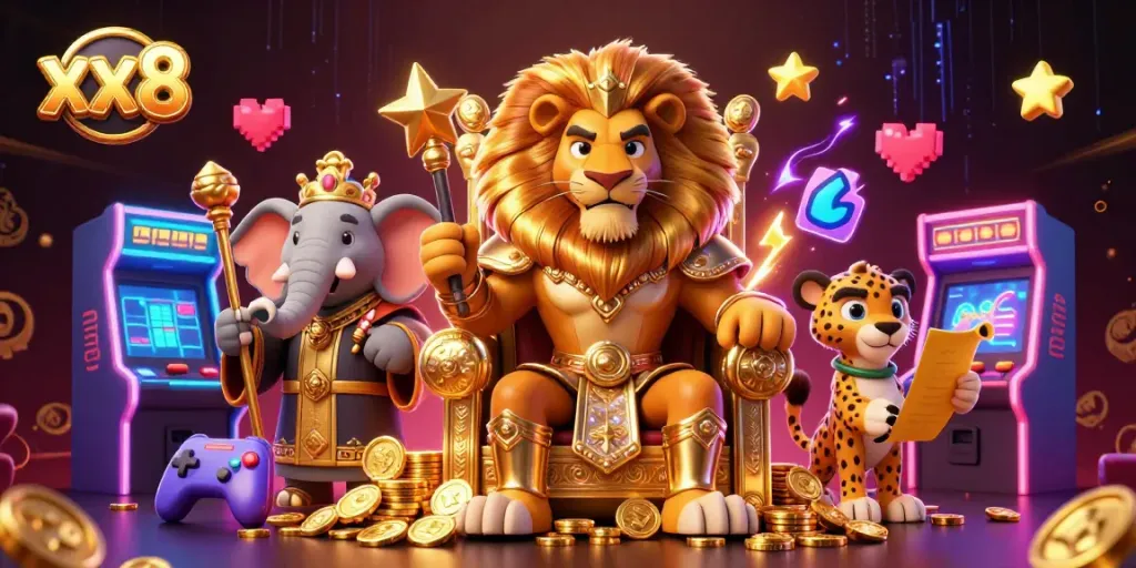 Experience the excitement of xx8 casino with vibrant characters amidst glowing game machines.