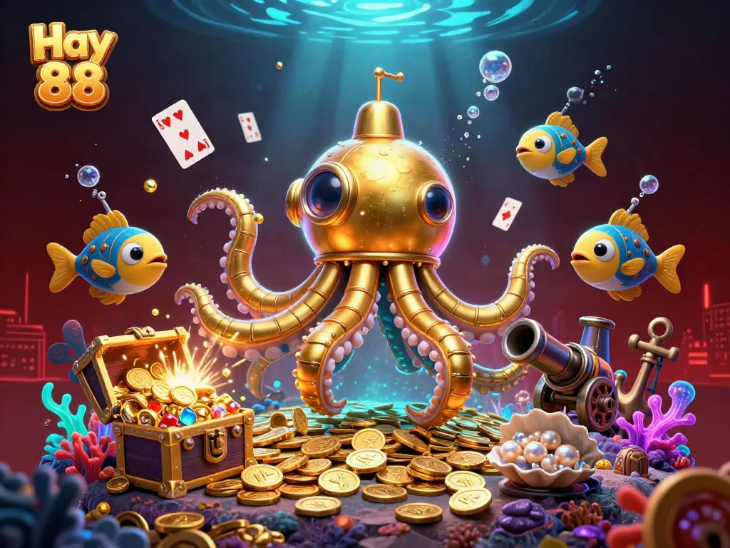Play and win at Hay 88 with an engaging underwater casino adventure featuring a kraken submarine and treasures.