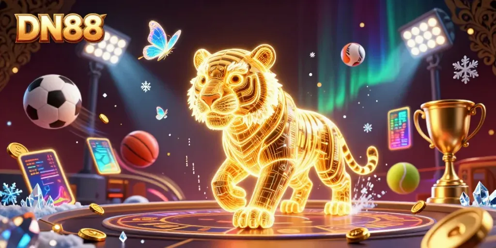 Experience the dynamic world of DN88 with a golden neon tiger in a vibrant casino landscape.