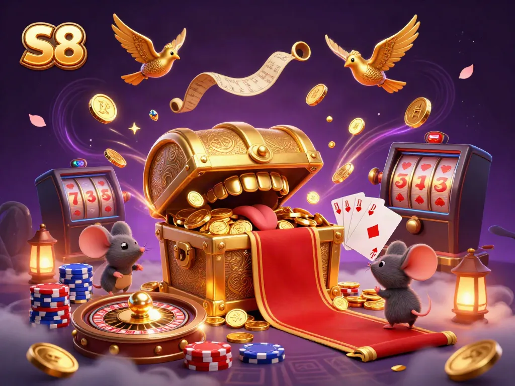 Engage with S8's thrilling online gaming experience surrounded by gold coins and vibrant casino elements.