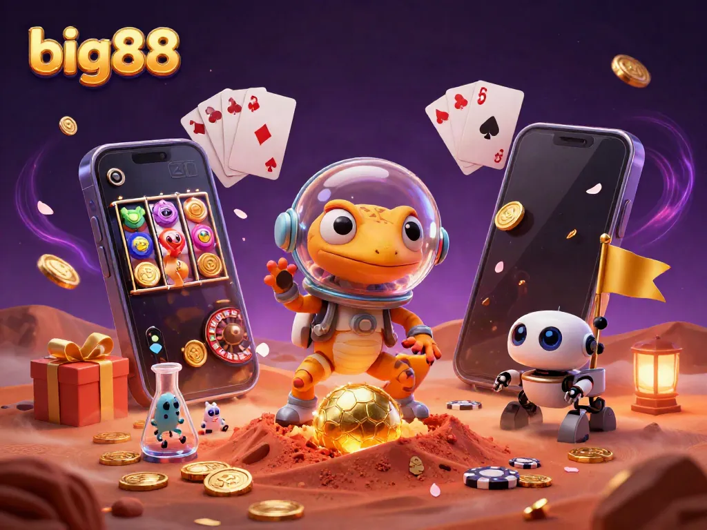 Experience big88's exciting casino adventure with a Martian gecko discovering a golden casino.