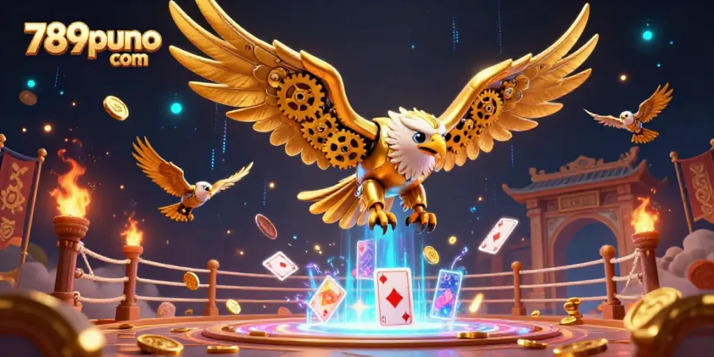 Experience thrilling gameplay with 789puno com as a golden eagle soars through stunning casino elements.