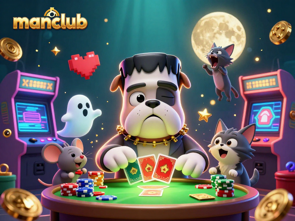 Engage with manclub's thrilling gaming atmosphere featuring unique characters at a casino table.