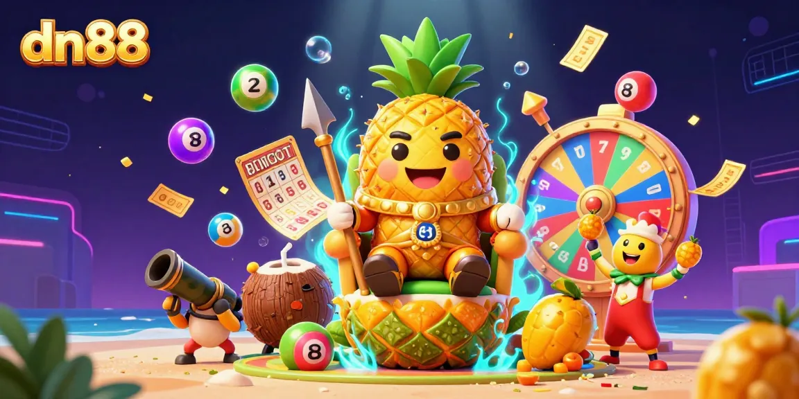 Engage with dn88's vibrant beach casino scene featuring a golden pineapple king and colorful lottery elements.