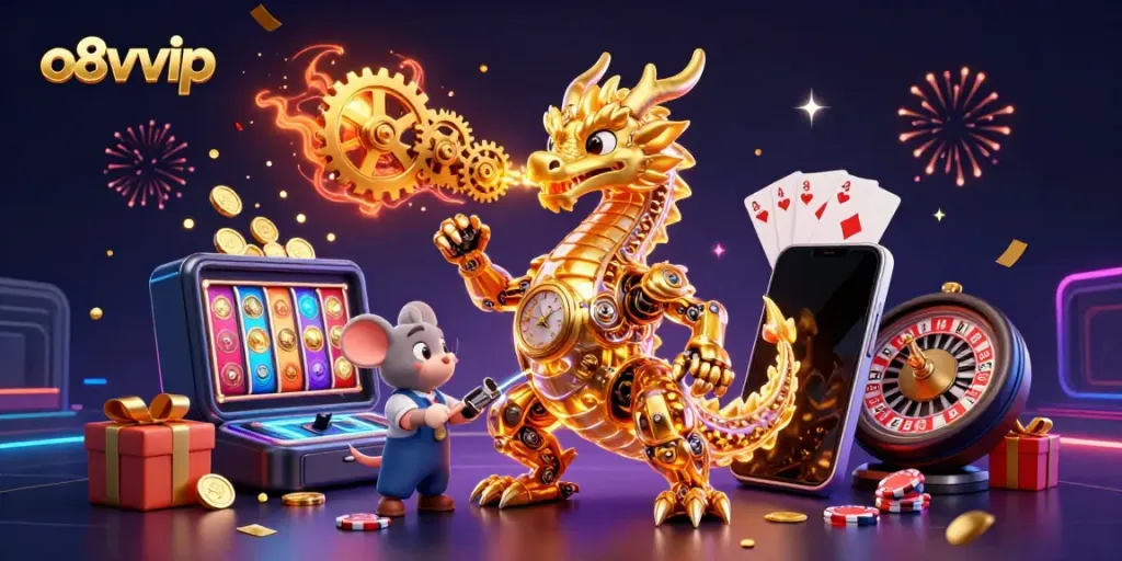 Visualize the thrilling world of o8vvip with a biomechanical dragon alongside vibrant slot game elements.