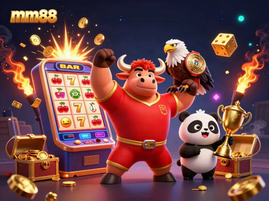 Experience gaming excitement with mm88, featuring joyful characters celebrating casino wins amidst dynamic slots.