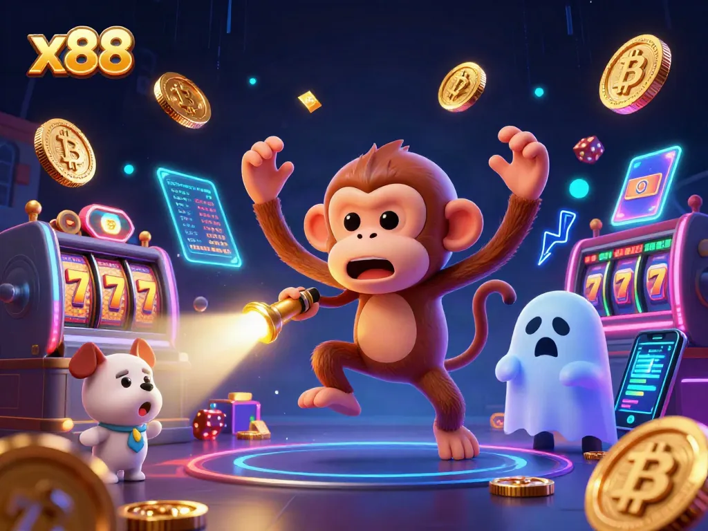 Experience thrilling gameplay at x88 with a mischievous monkey juggling casino treasures in a haunted setting.