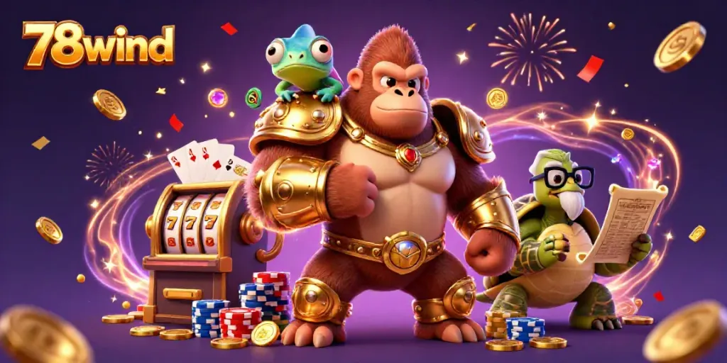 Experience thrilling gambling action with 78wind featuring a powerful gorilla, chameleon, and tortoise in a vibrant casino scene.