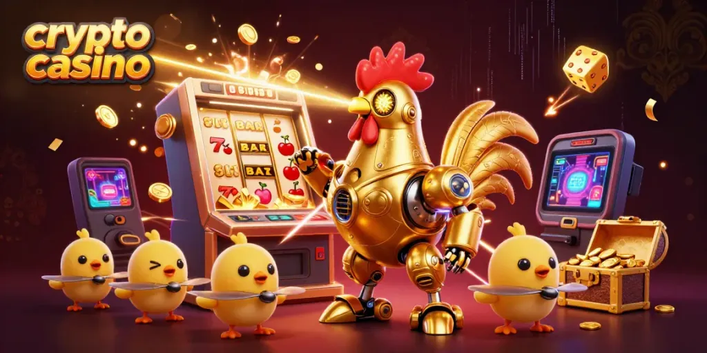 Experience the excitement of a crypto casino with a dynamic 3D illustration of robots and golden treasures.