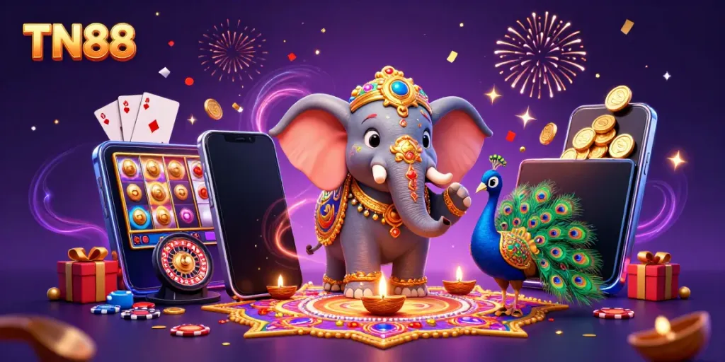 Experience TN88’s grand casino adventure with vibrant 3D imagery of colorful slot games and festive elements.