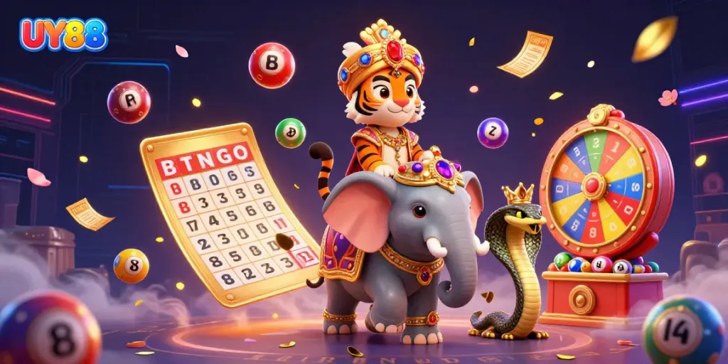 Experience the vibrant gambling fun at UY88 with a colorful 3D casino scene showcasing unique characters and exciting game elements.