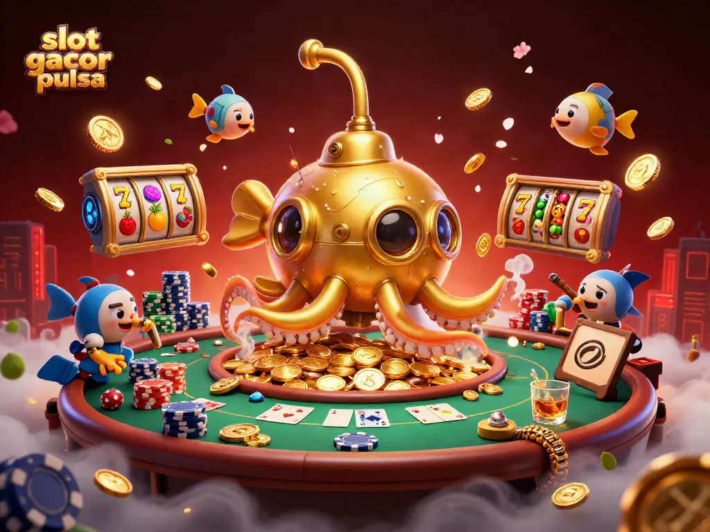 Experience the thrill of slot gacor pulsa with a vibrant 3D illustration featuring golden kraken, poker elements, and a lively casino scene.
