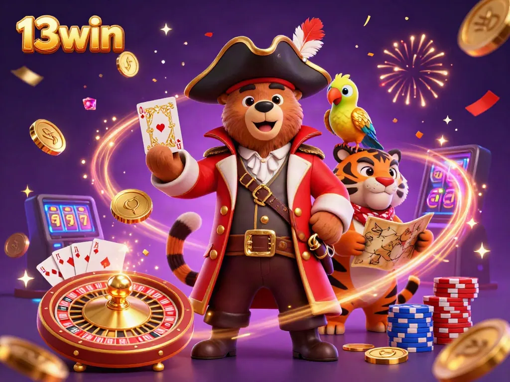 Experience the thrill of 13win with dynamic visuals of a pirate captain bear, tiger, and parrot amidst a vibrant casino scene.