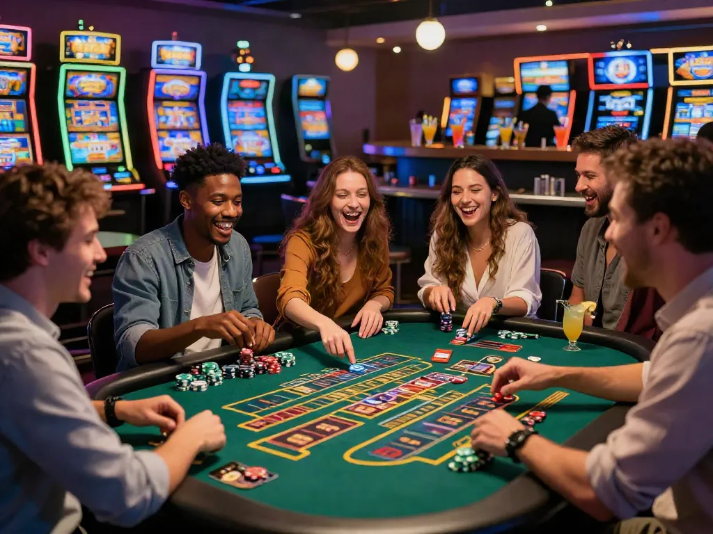 Friends enjoying the excitement of credit card casinos while playing roulette and sharing laughs in a lively atmosphere.