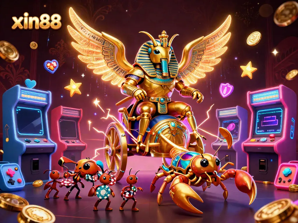 Experience the exhilarating world of xin88 with a dynamic 3D illustration featuring colorful elements of casino gaming.