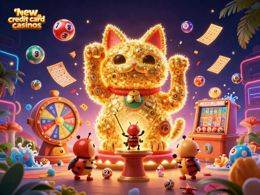 Experience the vibrancy of new credit card casinos with a whimsical 3D illustration of lucky symbols.
