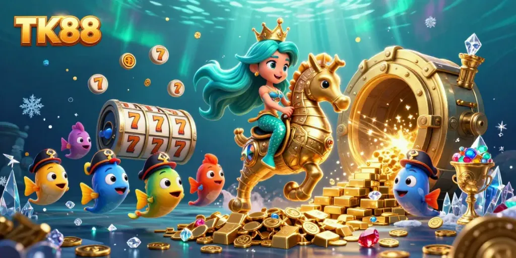 Experience the thrilling atmosphere of TK88 casino with vibrant characters and exciting gaming elements.