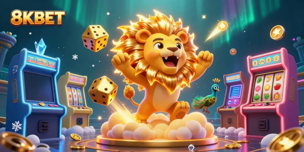 Khám phá sảnh game 8KBET với sư tử mặt trời và xúc xắc vàng lấp lánh.