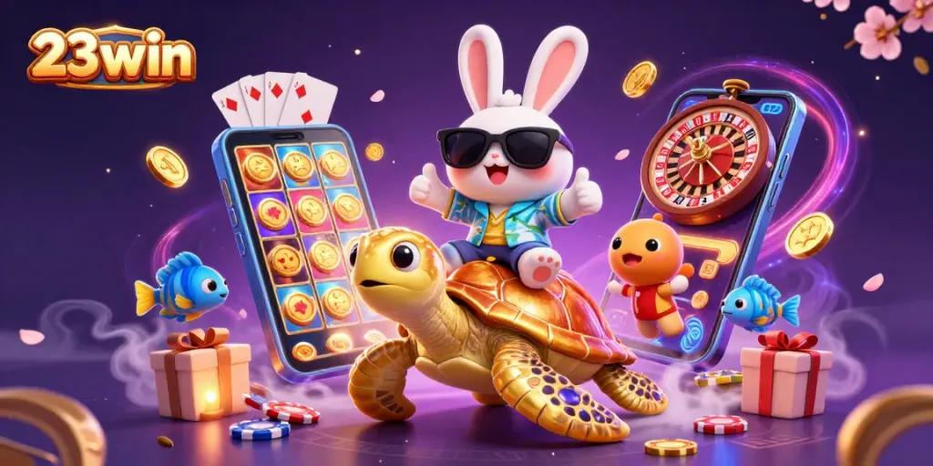 23win's lucky rabbit celebrates on a golden turtle amidst vibrant casino elements.