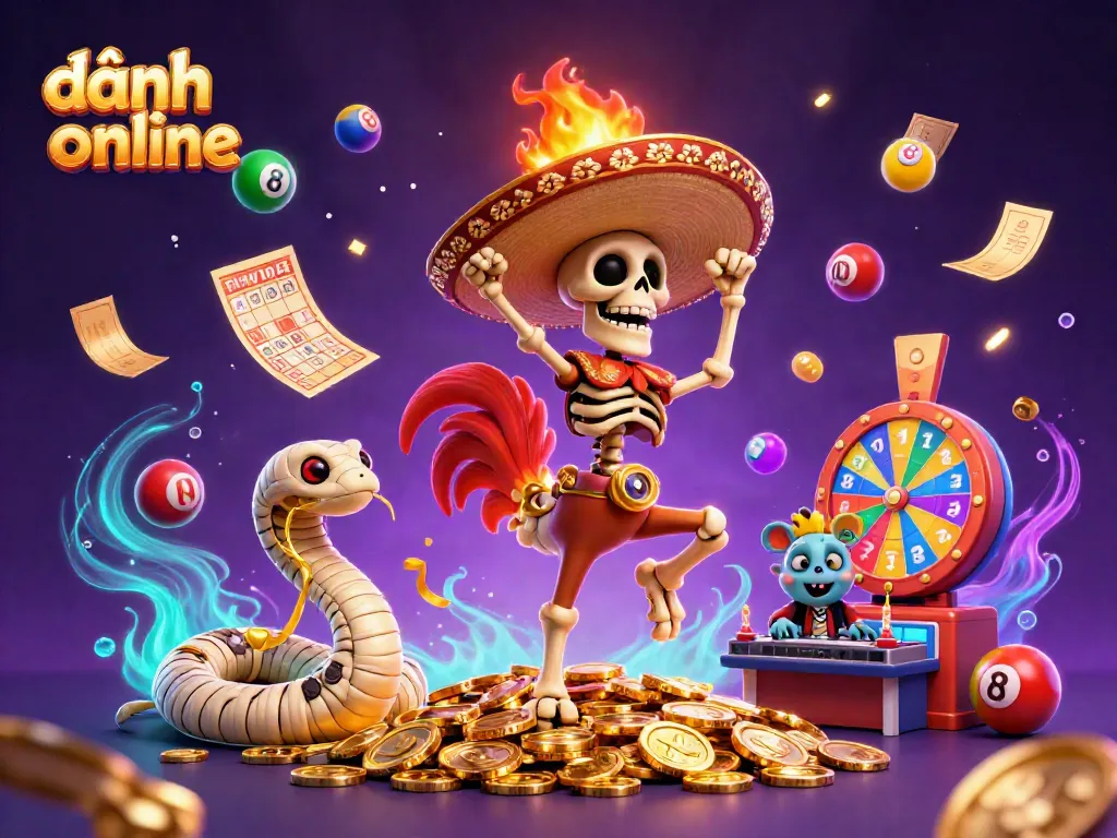 Experience the excitement of đánh đề online with colorful characters and dynamic lottery elements in this vibrant illustration.