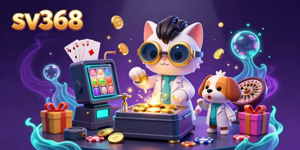 Spin the reels and win on sv368 with vibrant 3D scenes of a mad scientist cat creating a gold-coin machine.