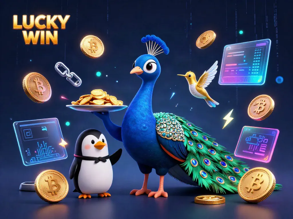 Experience the excitement of LUCKY WIN with golden chips and vibrant 3D characters in a dynamic casino environment.