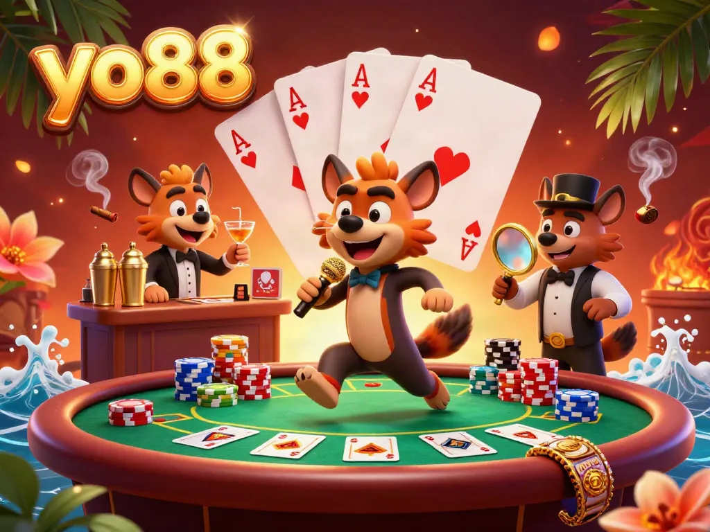 Experience the vibrant comedy casino scene of yo88 with hyenas as entertainers mixing drinks and performing.