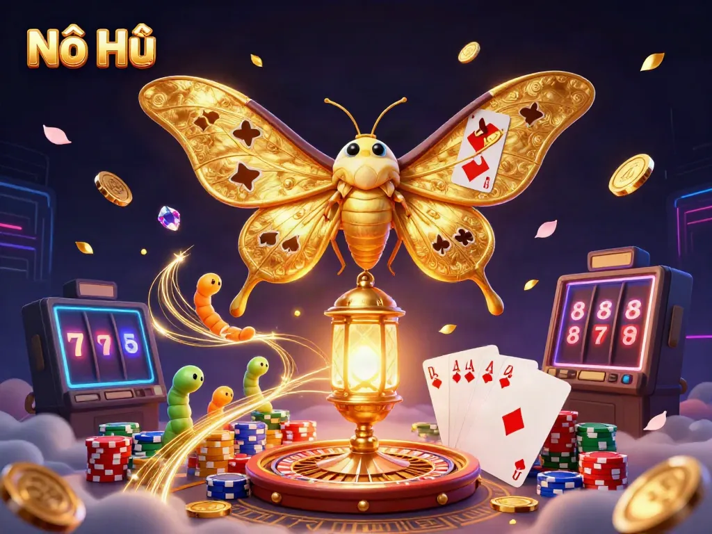 Nổ Hũ gaming experience with vibrant 3D visuals of golden coins, roulette, and a vibrant moth under a captivating aura.