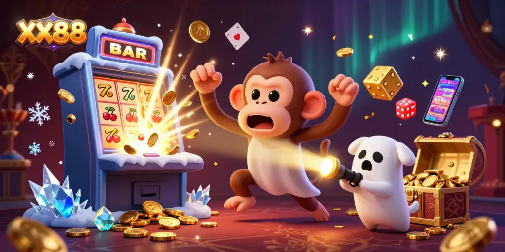 Experience the thrill of XX88 with a poltergeist monkey juggling gold coins in a vibrant casino.