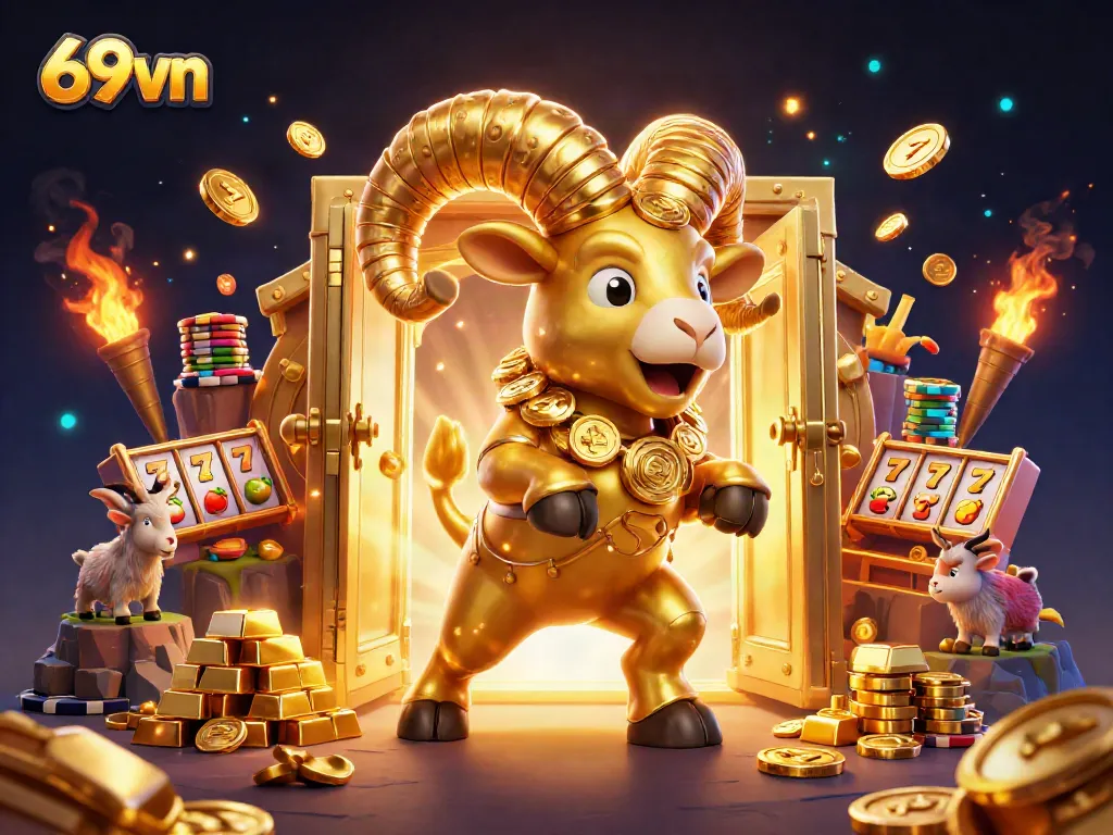 Experience the excitement of 69vn with a cartoon golden ram charging through a treasure-filled casino scene.