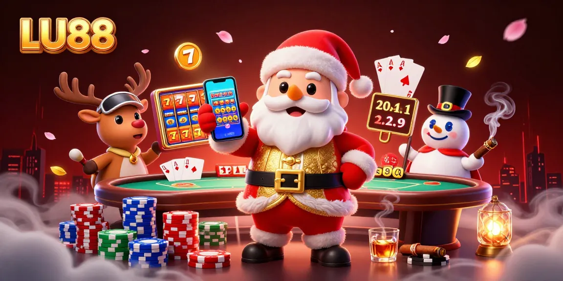 Join LU88 for exciting jackpot slots at a vibrant 3D casino scene with Santa and friends.