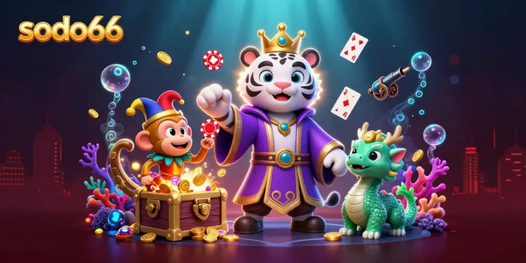 Experience the vibrant world of Sodo66 with a majestic tiger, monkey, and dragon amidst dazzling casino elements.