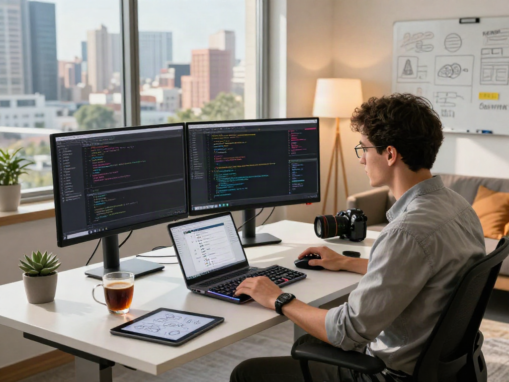 Crushon IA software developer in a modern tech workspace, showcasing coding on multiple screens.