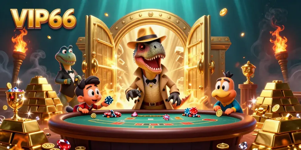 Experience thrilling action at VIP66 with a velociraptor at a blackjack table amidst abundant treasures.