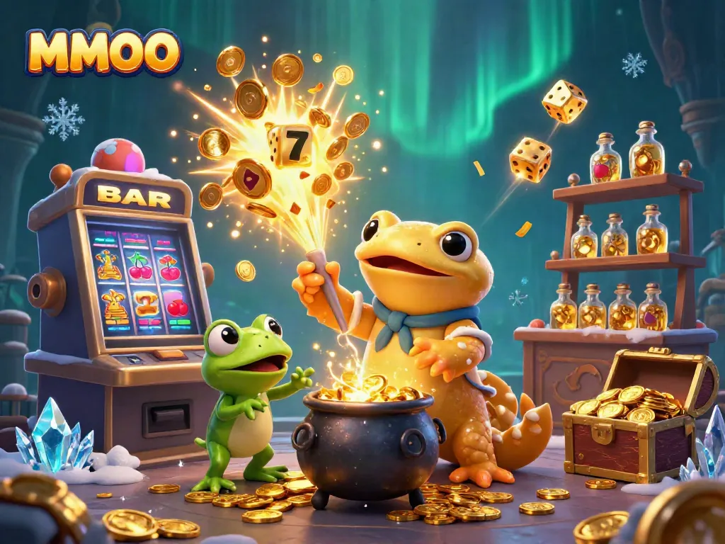 MMOO alchemist and frog apprentice surrounded by vibrant casino elements, showcasing a lively online gambling atmosphere.
