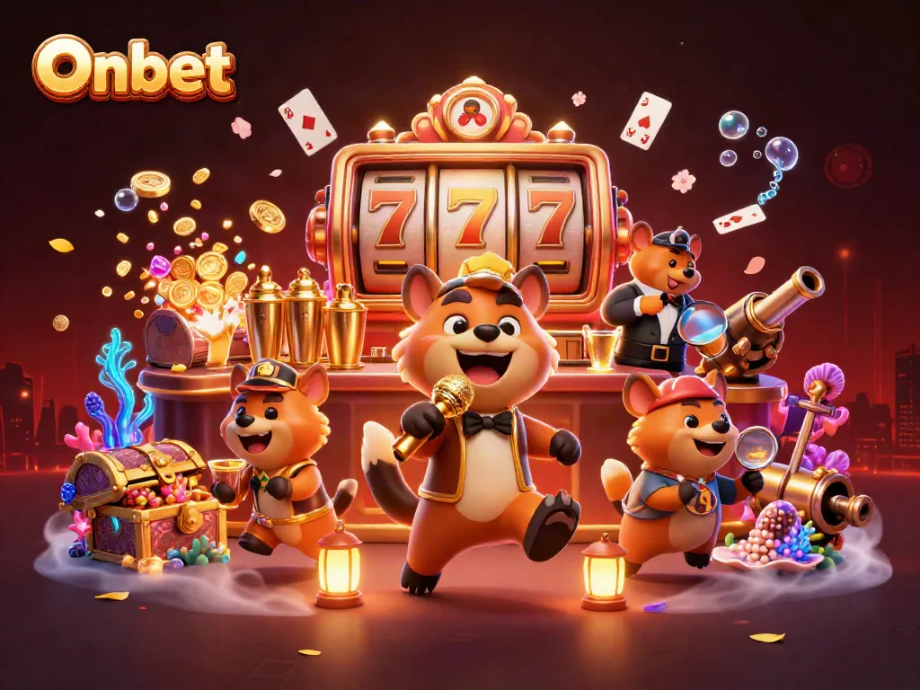 Experience the excitement at Onbet casino with hyena characters in a vibrant gambling scene.