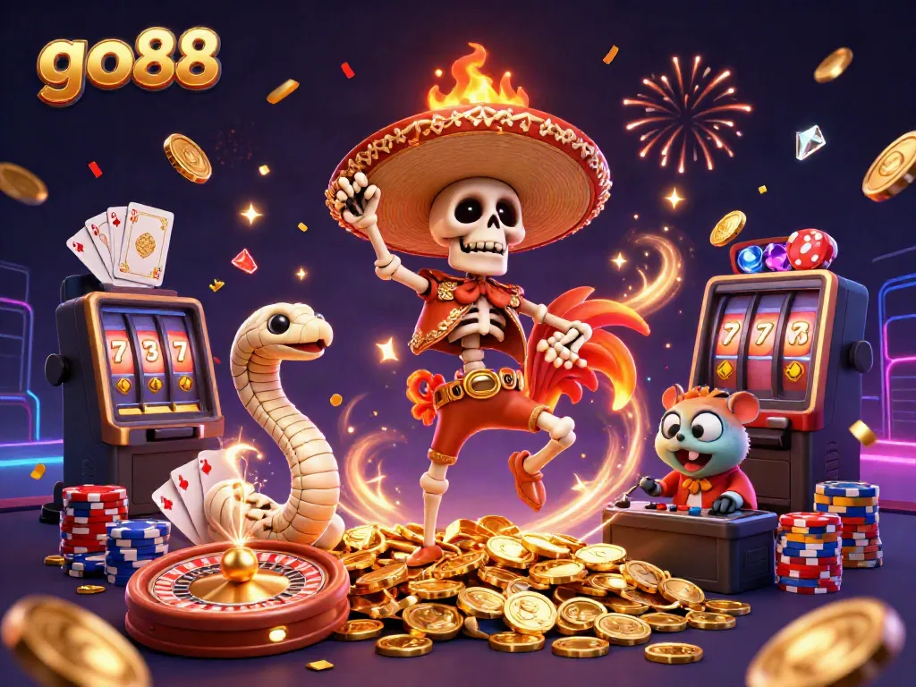 Engage with go88 as a jubilant skeleton mariachi rooster dances amidst a flurry of golden coins and vibrant casino elements.