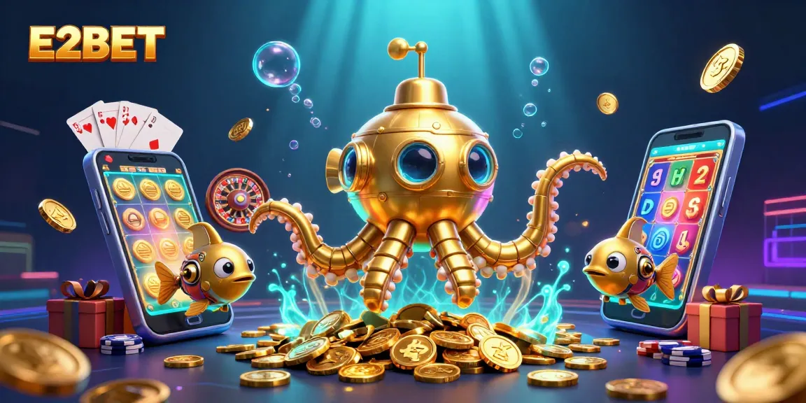 E2BET delivers exciting casino action with a vibrant submarine scene full of games and symbols.