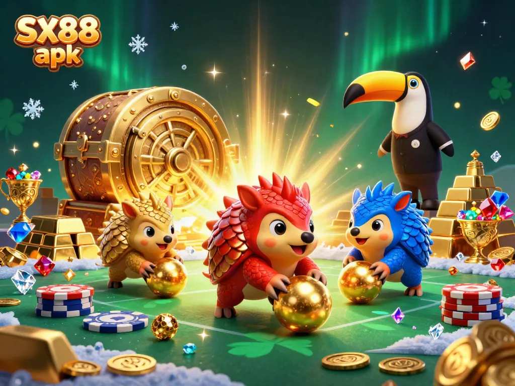 Compete with SX88 apk rivals in an exciting casino scene with pangolins rolling golden balls through poker chips.