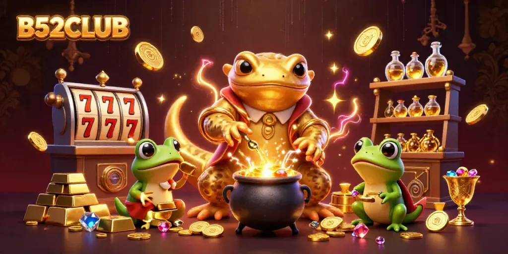 Experience the vibrant world of B52CLUB with gold coins, slot reels, and a magical alchemist.