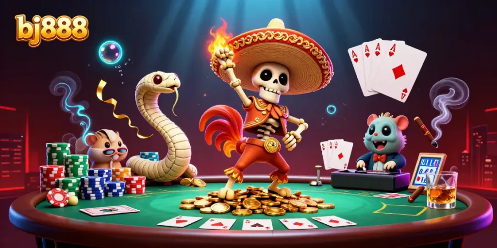 Engage in thrilling play at bj888 with a vibrant scene of a mariachi skeleton celebrating among casino elements.