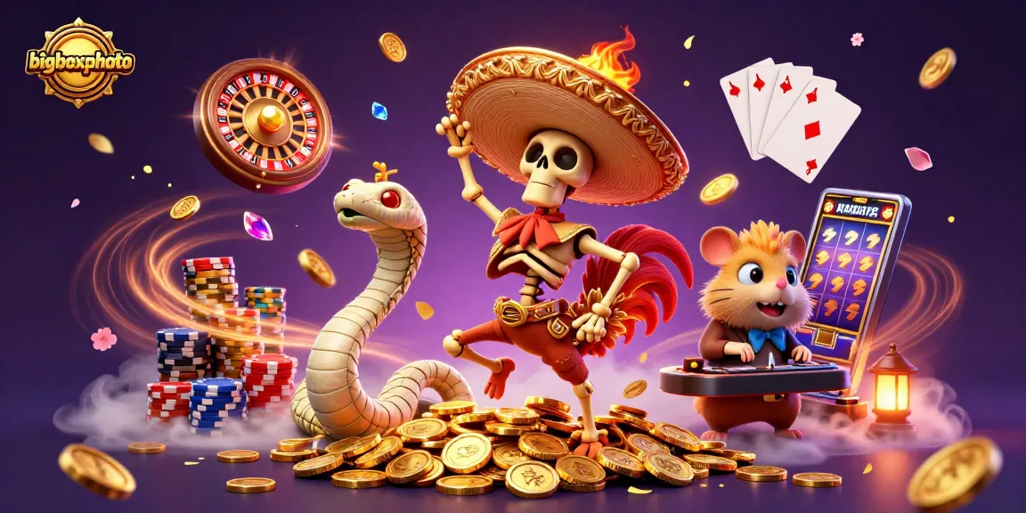 bigboxphoto showcases a dynamic casino scene with an energetic skeleton rooster celebrating amidst golden coins, cards, and chips.