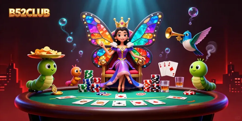 B52CLUB’s vibrant scene featuring a butterfly queen and poker elements amidst a colorful casino backdrop.